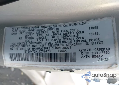 2004 Toyota Tacoma from USA, damaged, VIN 5TEWM72N14Z324760